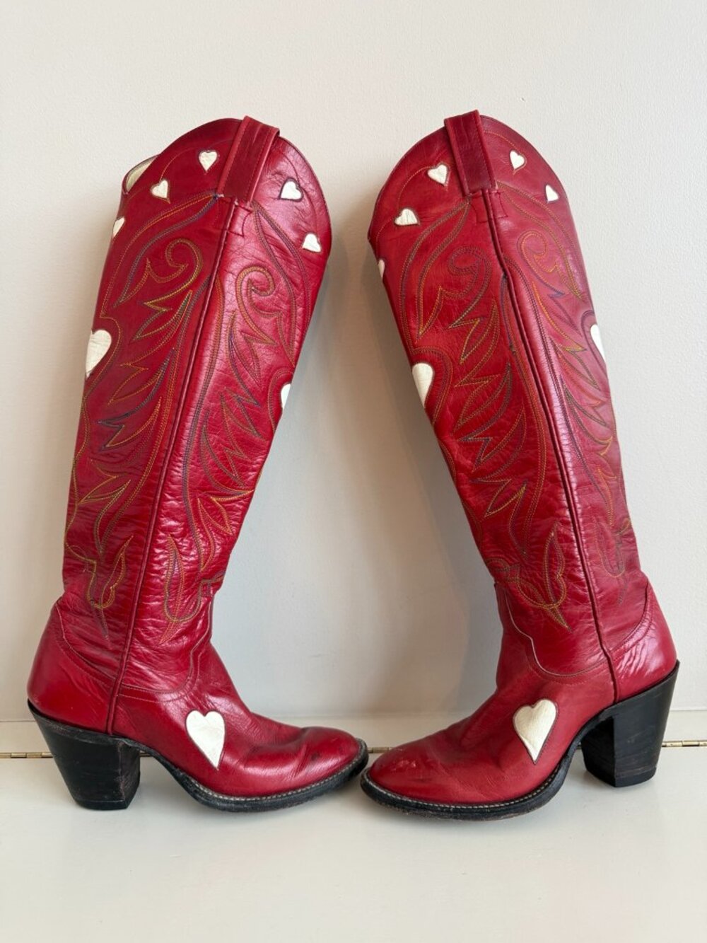 Cutter Bill Red Leather Heart Western Cowboy Heeled Boots Women’s 5